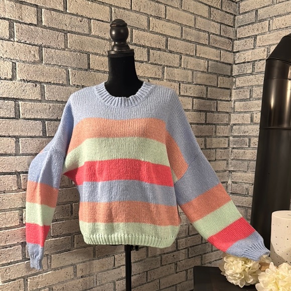 Blue and Pink Crew Neck Sweater with Striped Design - Picture 6 of 7